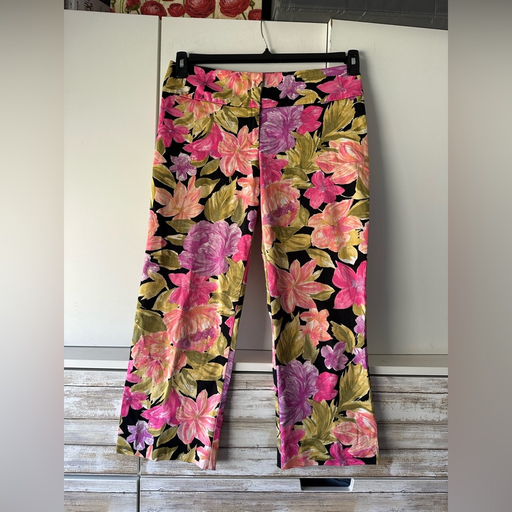 🌺 Cache Floral Crop Pants Bold Print Slit Hem Size 10